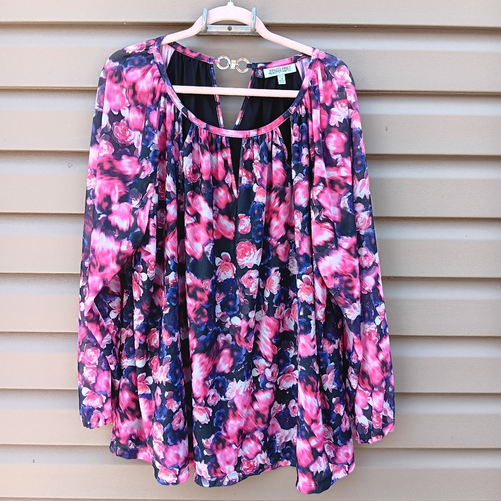 Jennifer Lopez 3x Floral Pink Black Long Sleeve Floral Top